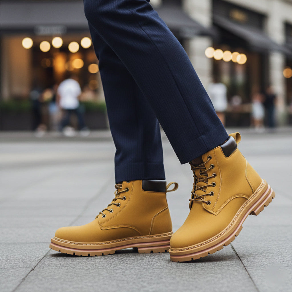 Men's yellow fur-lined snow boots with lace-up closure and thick treaded sole