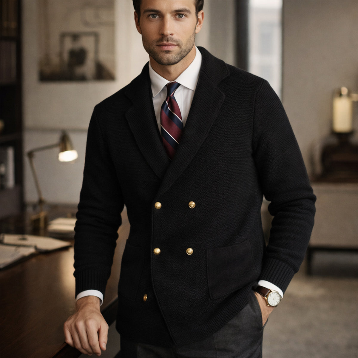 Men's black knit double-breasted cardigan with gold buttons and front patch pockets