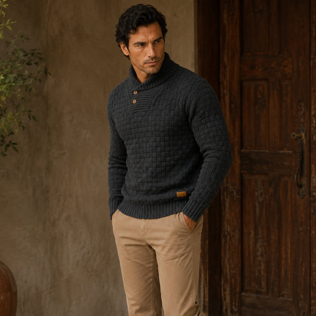 Men's textured knit winter sweater, mock neck, half-button placket, dark charcoal