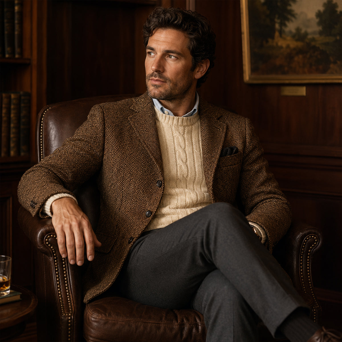 Men's dark brown tweed blazer with notched lapels and flap pockets