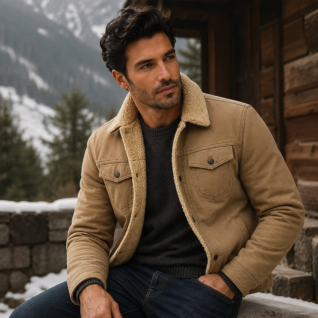 Men's tan outdoor jacket with tan fleece lining, chest pockets, button front