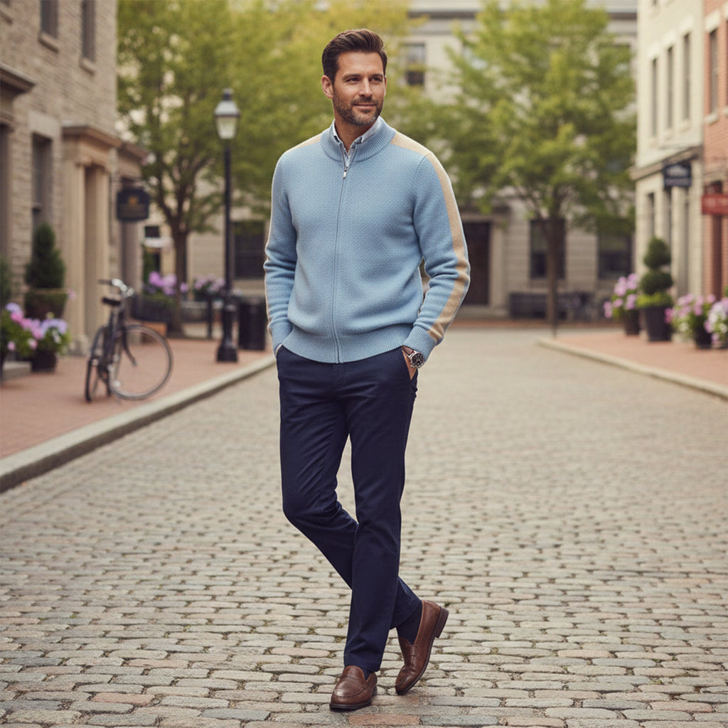 Light blue cashmere zip-up sweater with stand collar and ribbed cuffs