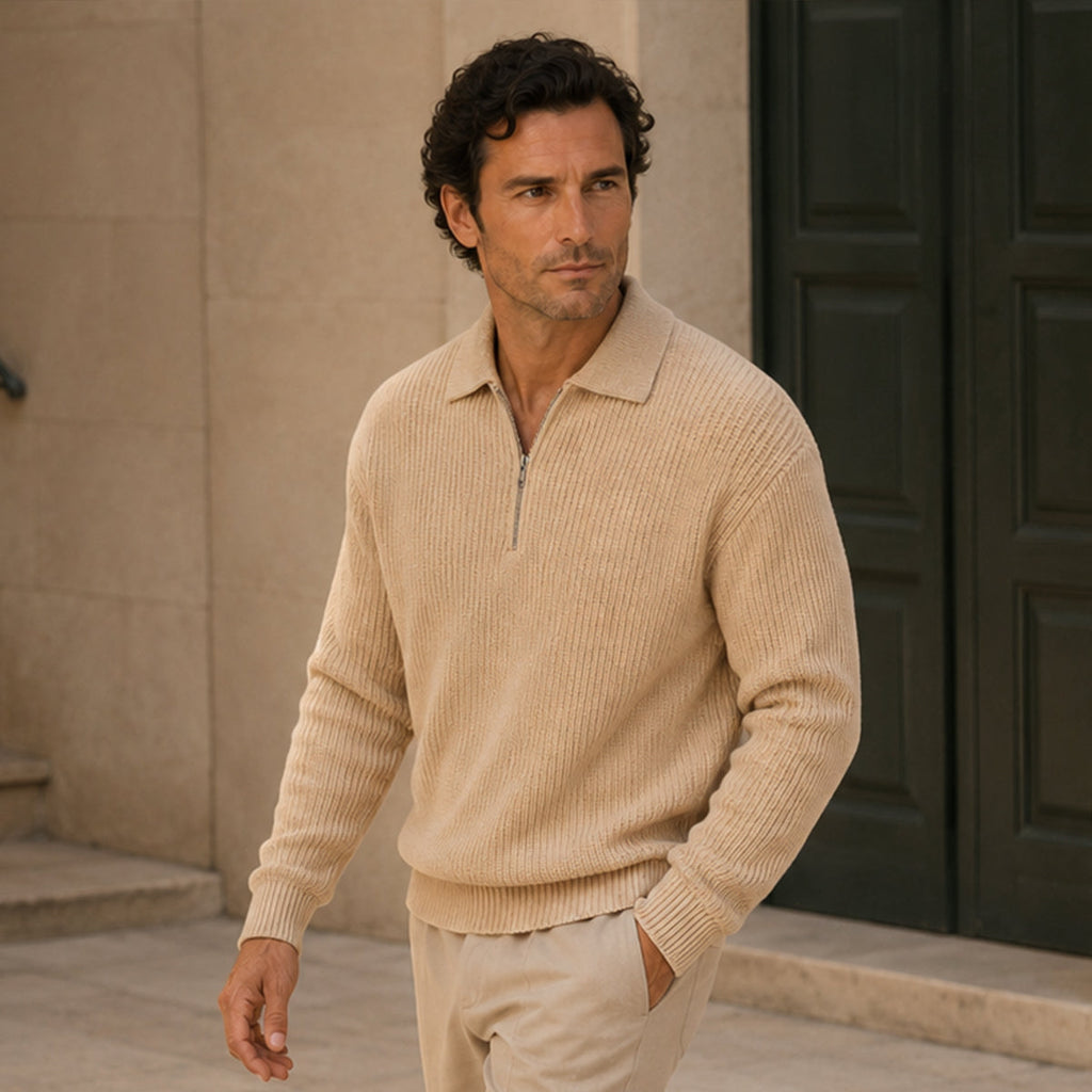 Men's half-zip ribbed knit sweater in light tan, with collar and fitted cuffs