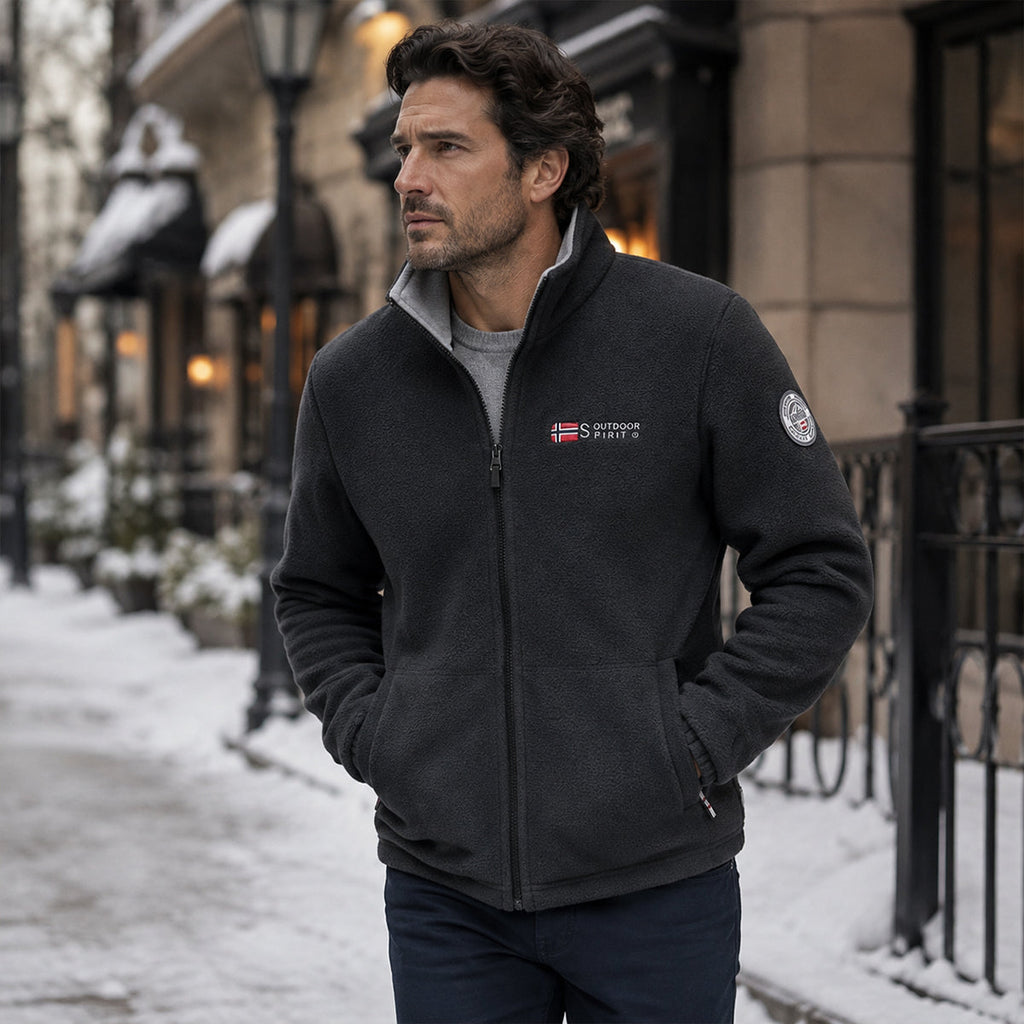 Men's black fleece lined outdoor jacket, full-zip with stand collar and side pockets