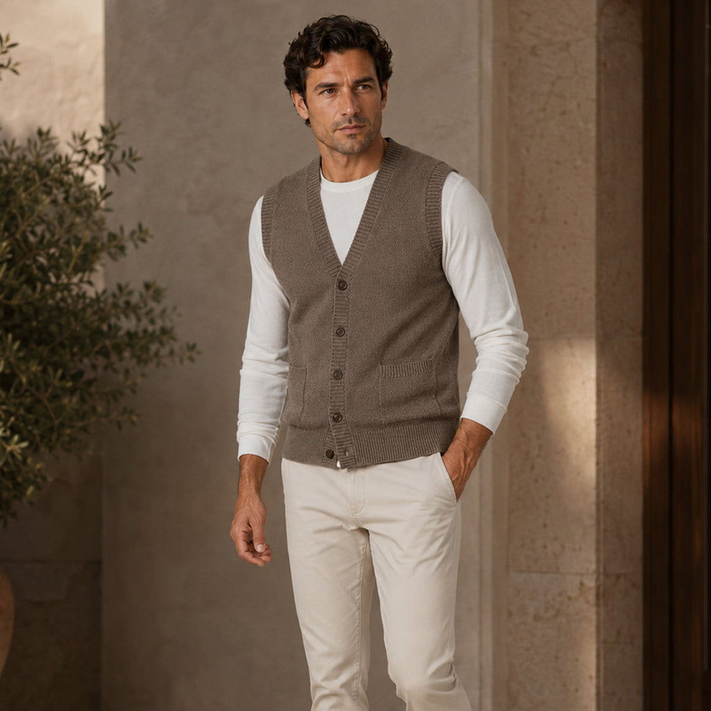Men's brown knit V-neck button-front vest with two front pockets