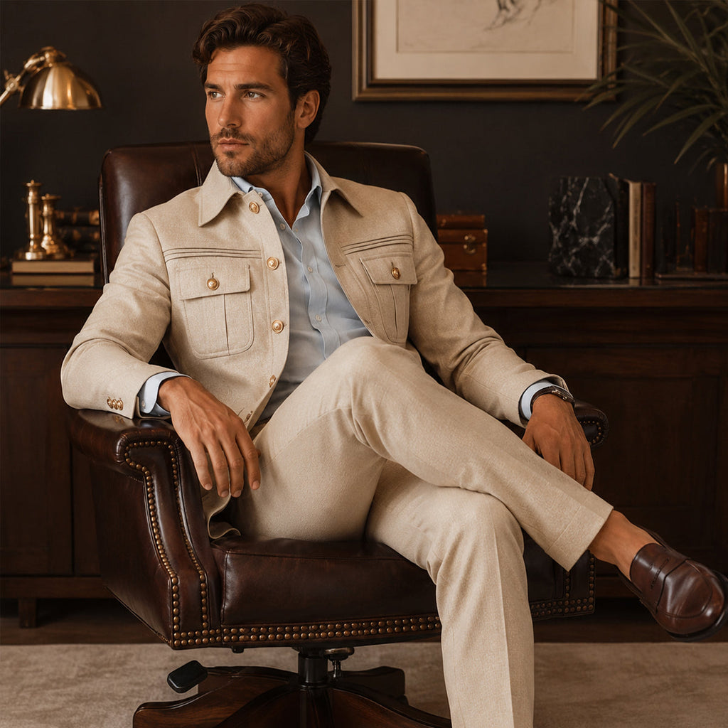 Men's beige multi-pocket business suit jacket and trousers worn while seated