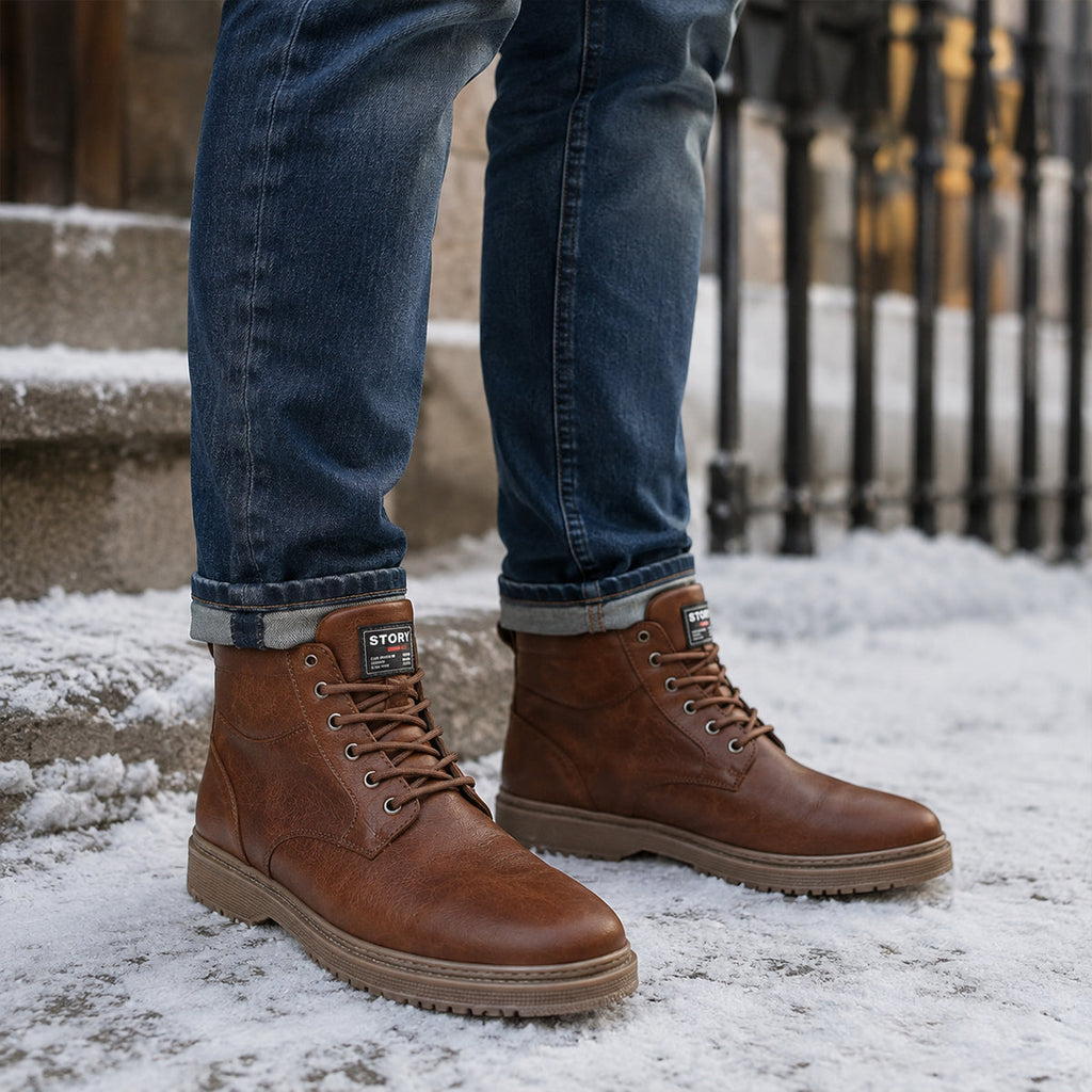 Brown leather lace-up snow boots standing on snow; rugged sole and lace-up front