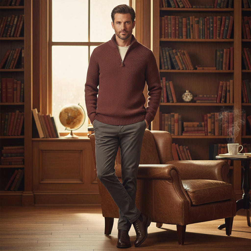 Men's burgundy cashmere half-zip sweater with ribbed hem and collar