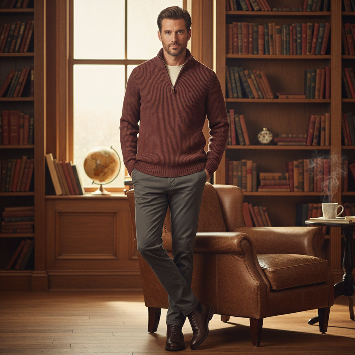 Men's burgundy cashmere half-zip sweater with ribbed hem and collar