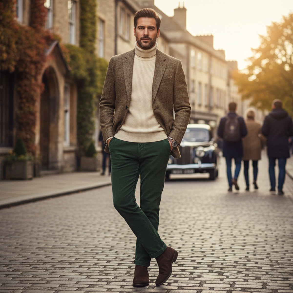 Brown herringbone tweed blazer worn by man, notched lapels and flap pockets visible.