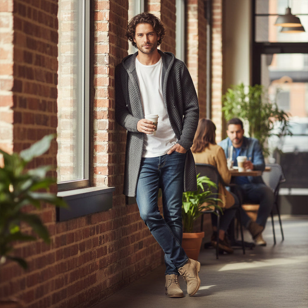 Men's hooded longline knit cardigan, dark with open front, pockets, and hood.