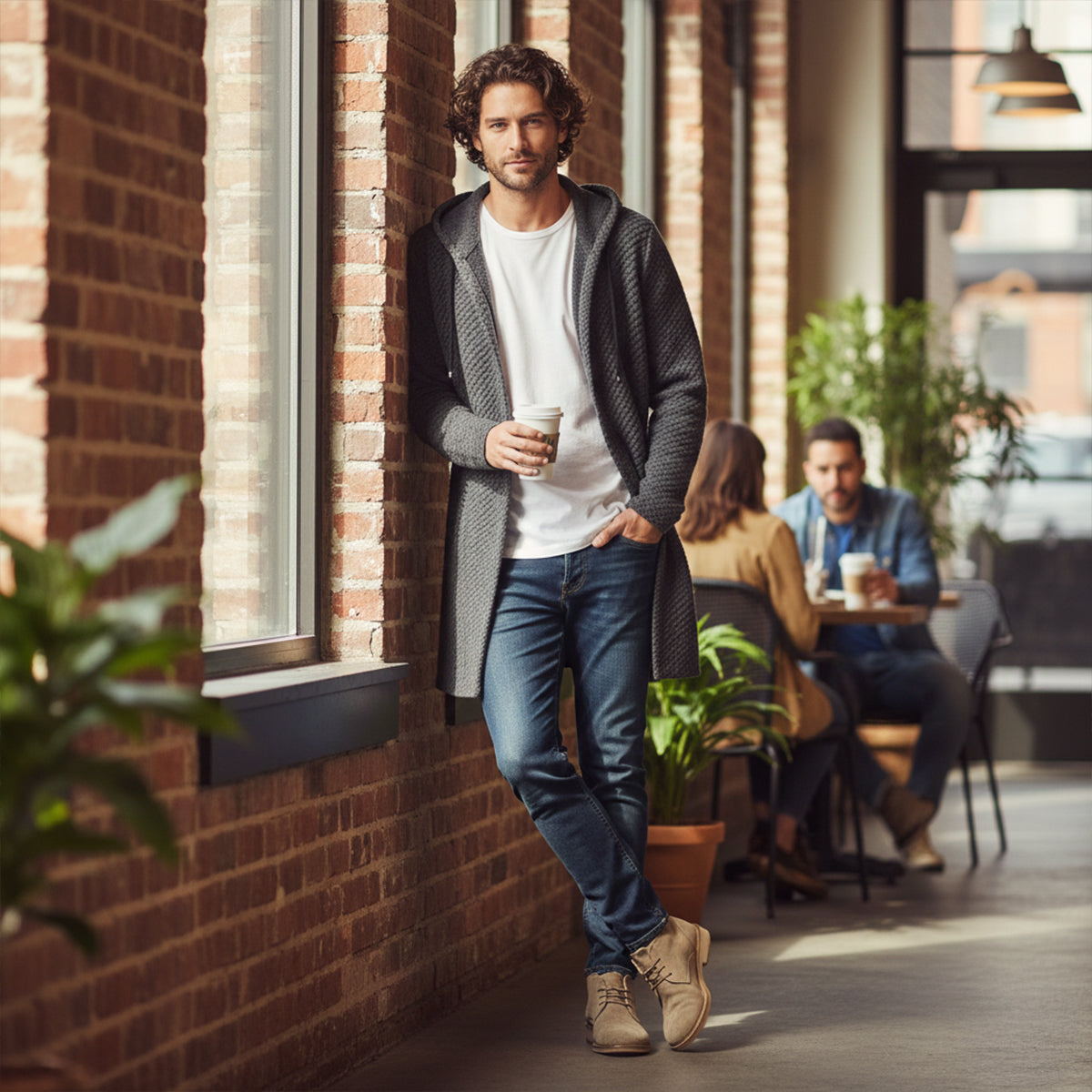 Men's hooded longline knit cardigan, dark with open front, pockets, and hood.