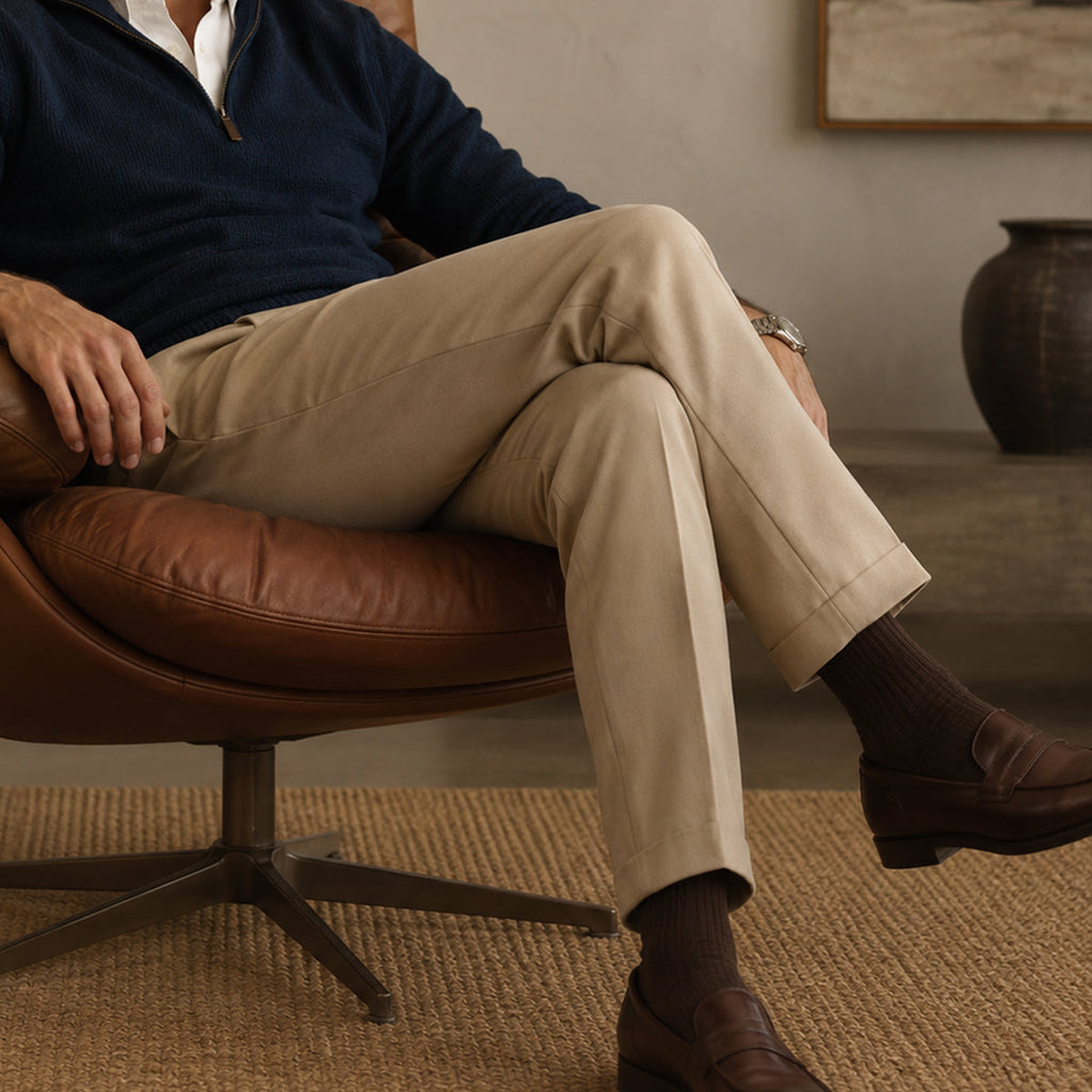 Khaki dress pants on model, pleated front, tapered leg and stitched hem