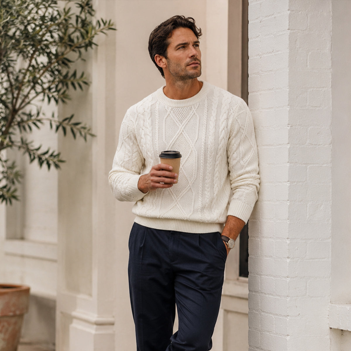 Men's white cable knit sweater with diamond pattern and ribbed crew neck