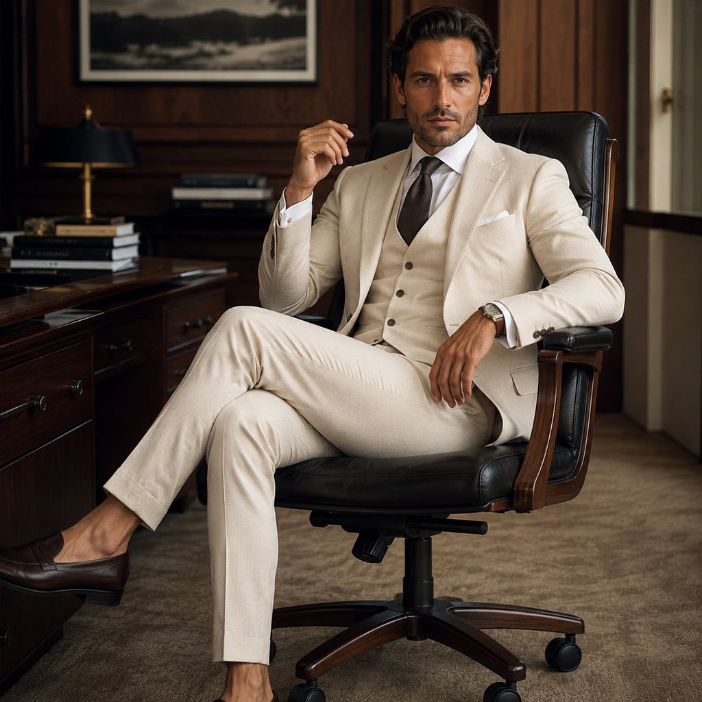 Beige men’s 3-piece suit: tailored blazer, matching vest, and dress pants