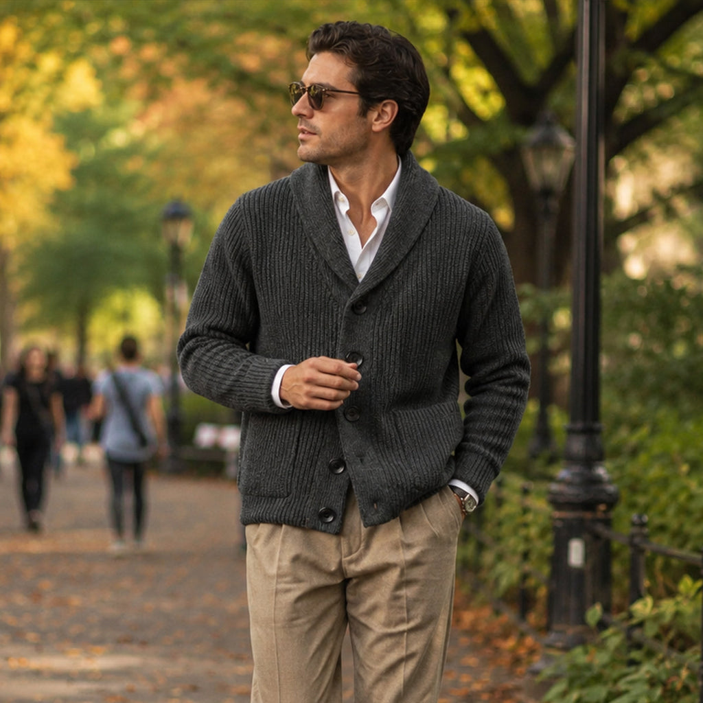 Men's shawl-collar wool knit cardigan, dark gray with button front