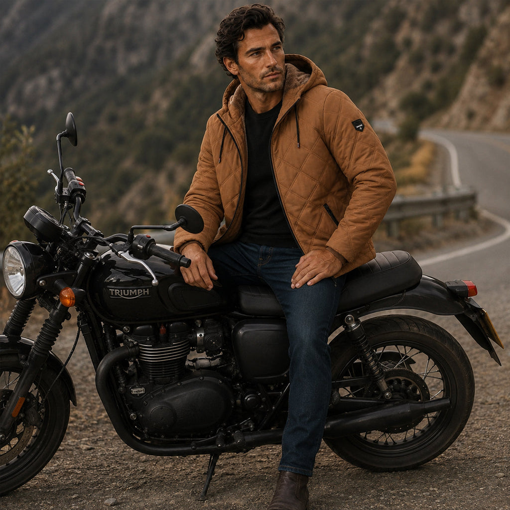 Men's tan quilted puffer jacket with hood and zipper front, side view