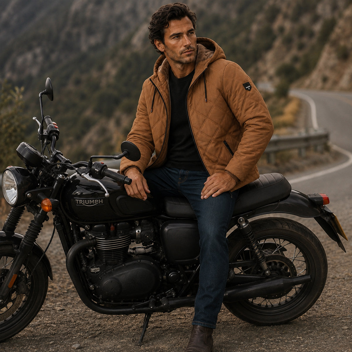Men's tan quilted puffer jacket with hood and zipper front, side view