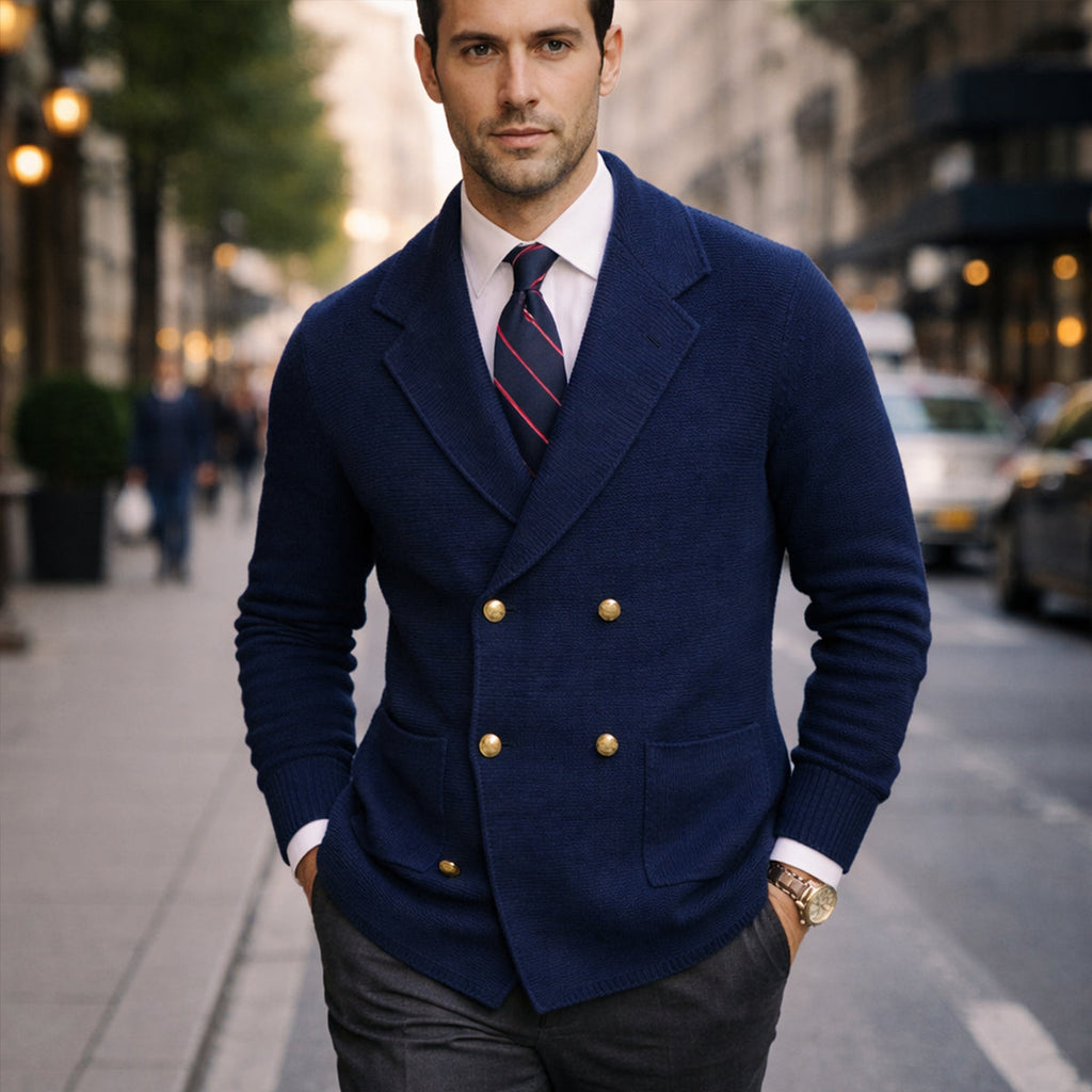 Men's navy knit double-breasted cardigan with gold buttons and patch pockets