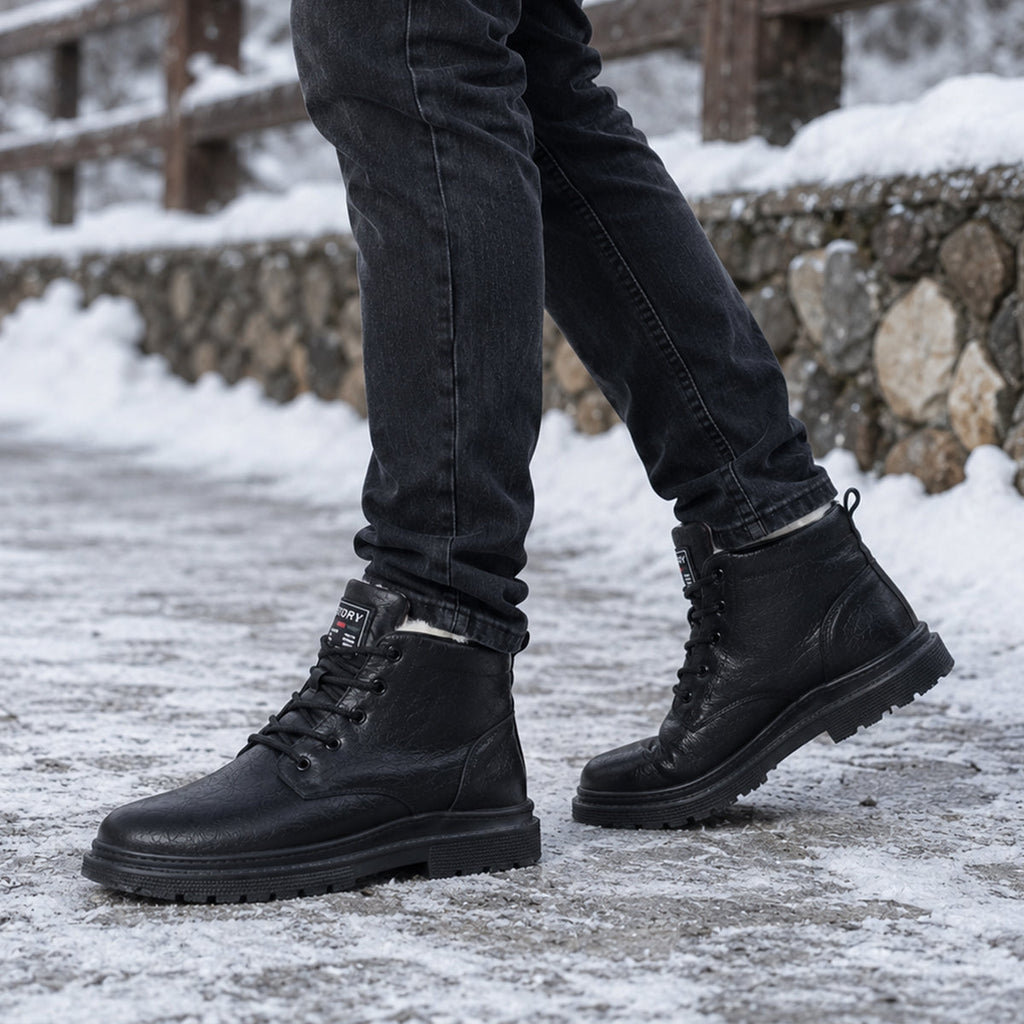 Black leather lace-up snow boots on snow; tall ankle fit and treaded sole