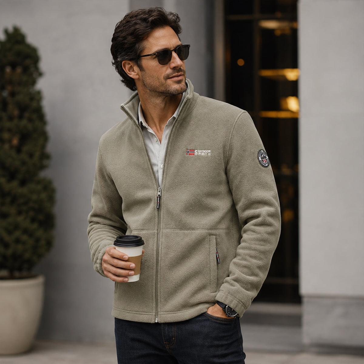 Men's khaki fleece lined outdoor jacket, full-zip with stand collar and side pockets