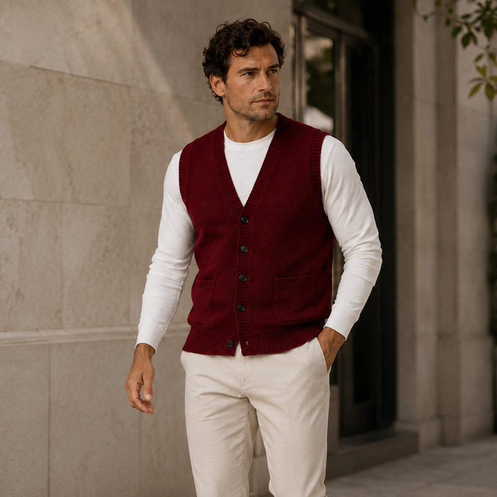 Men's red knit V-neck button-front vest with front pockets