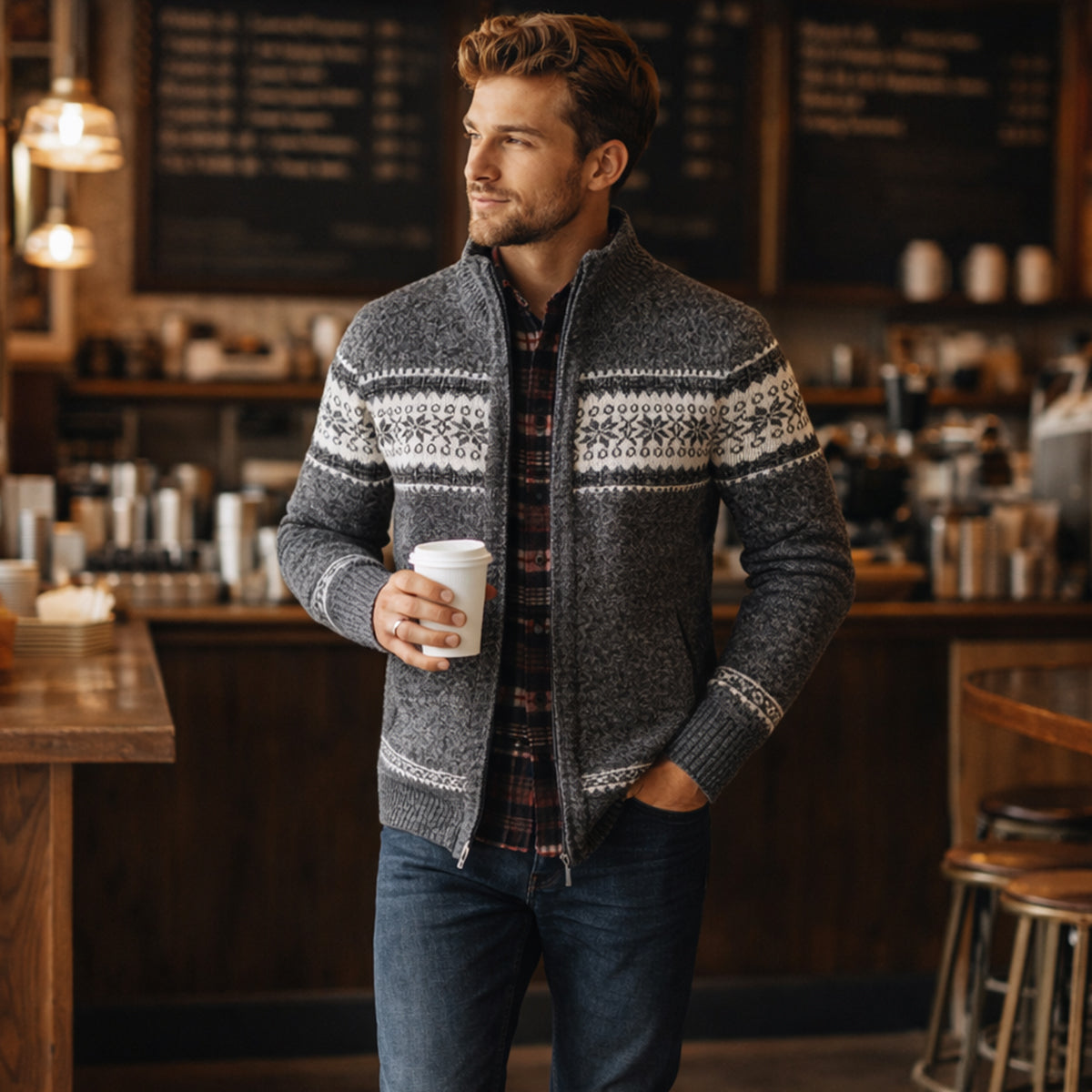 Dark gray knitted zip-up cardigan with patterned Fair Isle bands and ribbed cuffs