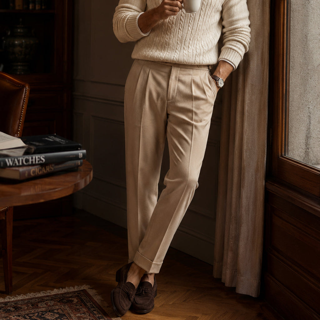 Men's high-waist double-pleated tan pants with pleated front and belt loops