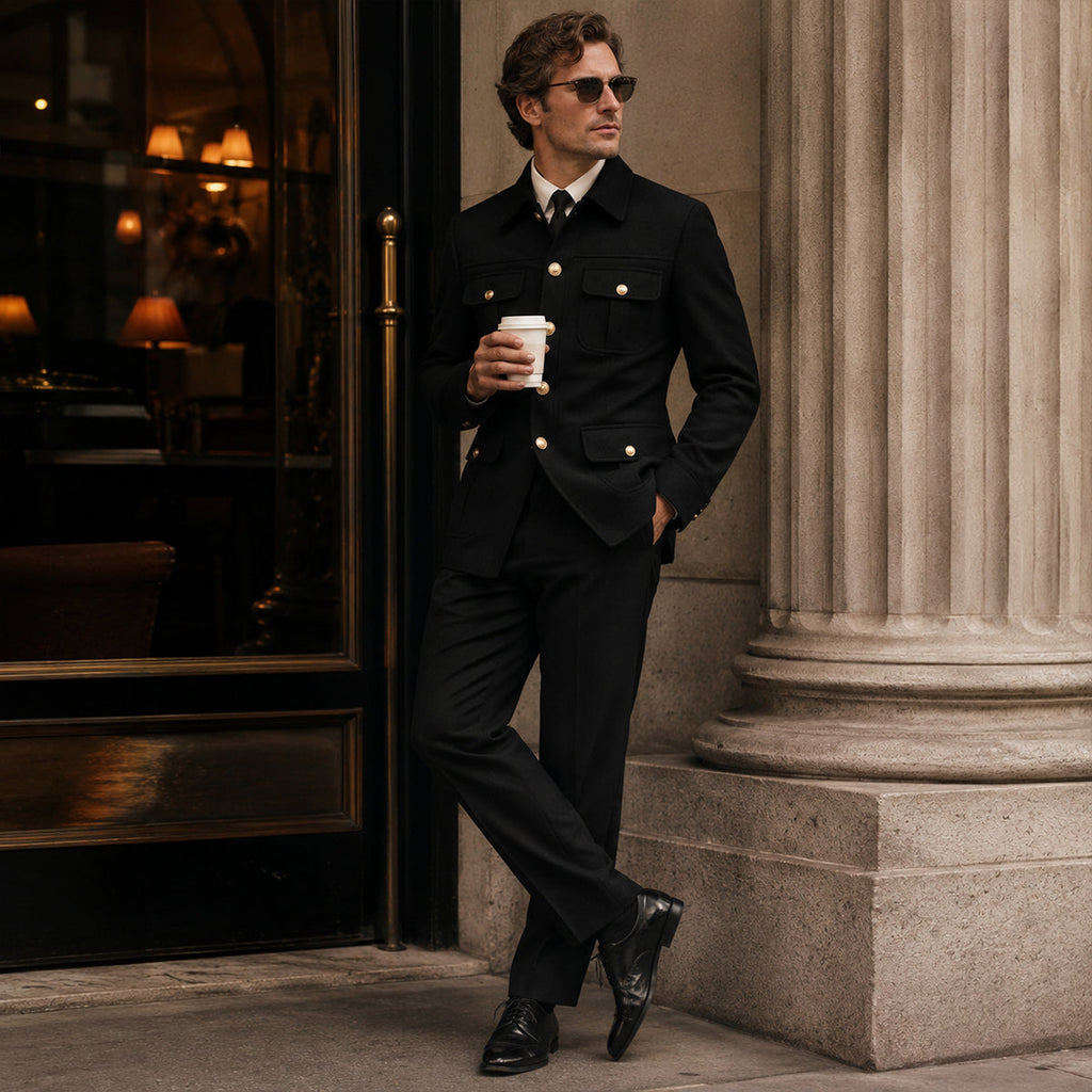 Men's black two-piece business suit set: multi-pocket jacket and trousers