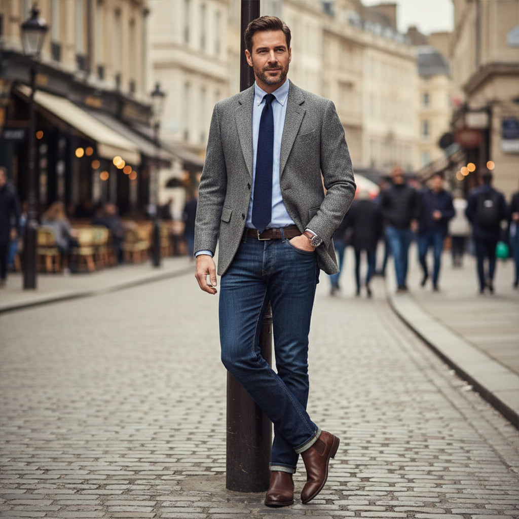 Gray herringbone tweed blazer worn by man, notched lapels and two-button front.
