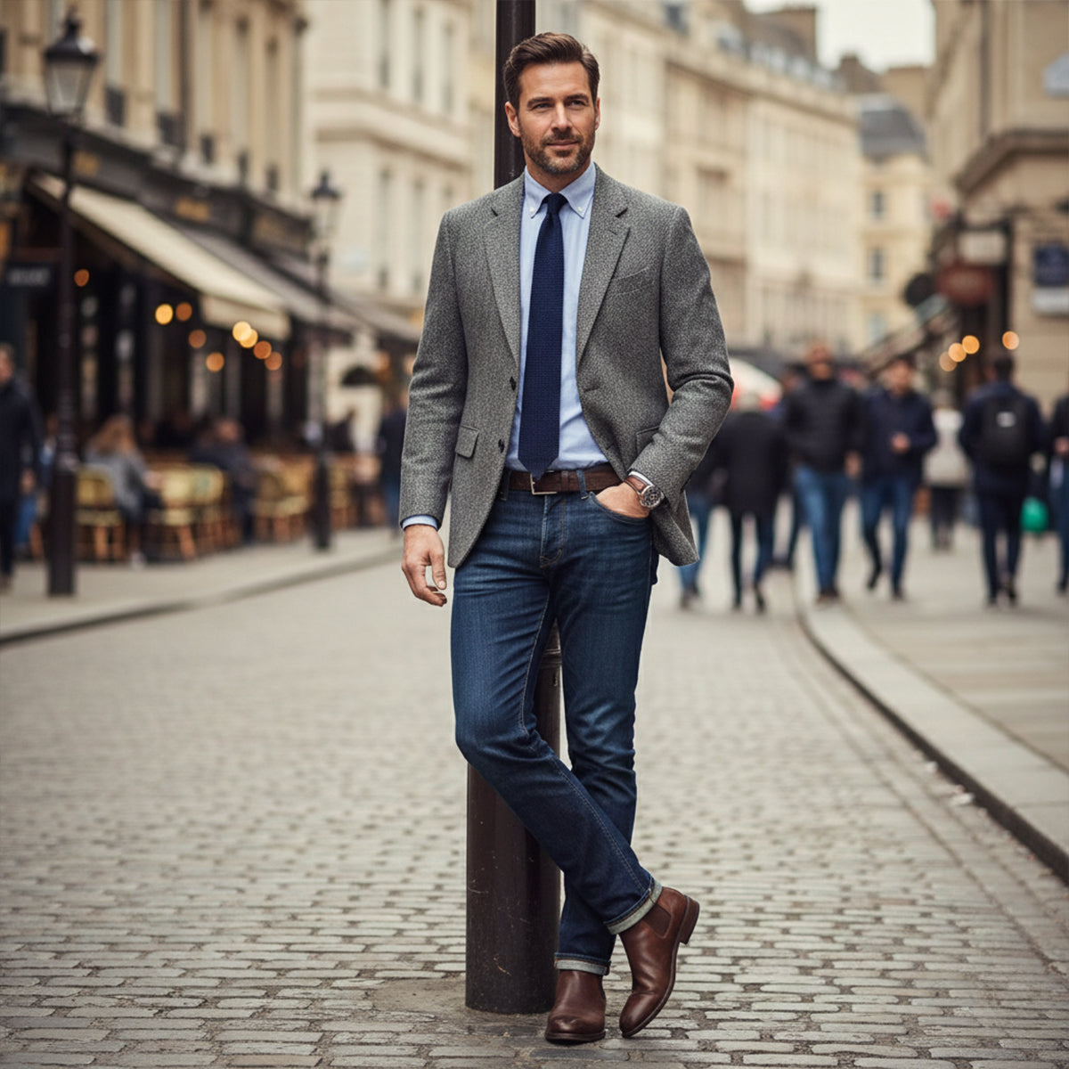 Gray herringbone tweed blazer worn by man, notched lapels and two-button front.