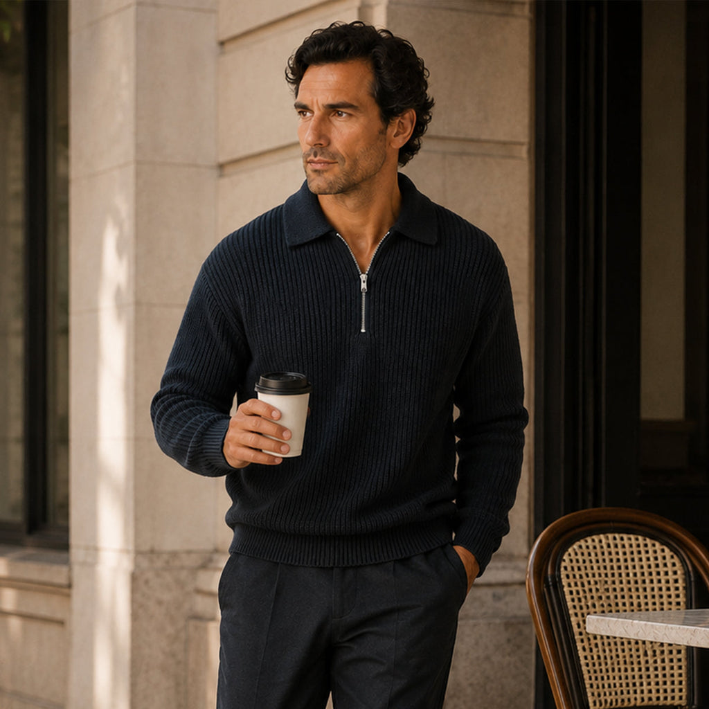 Dark navy men’s half-zip ribbed knit sweater with stand collar and zipper front.