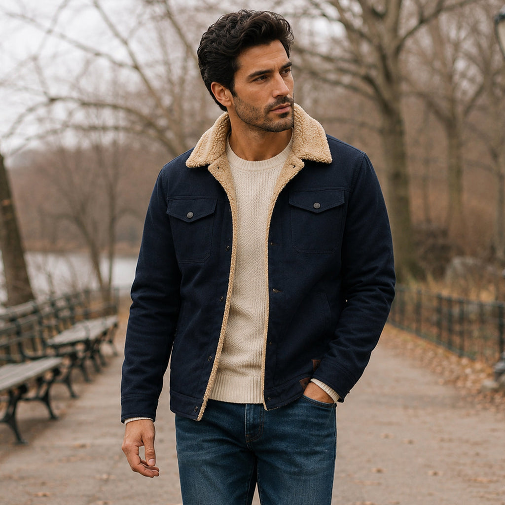 Men's navy fleece-lined outdoor jacket with tan sherpa collar and snap front pockets