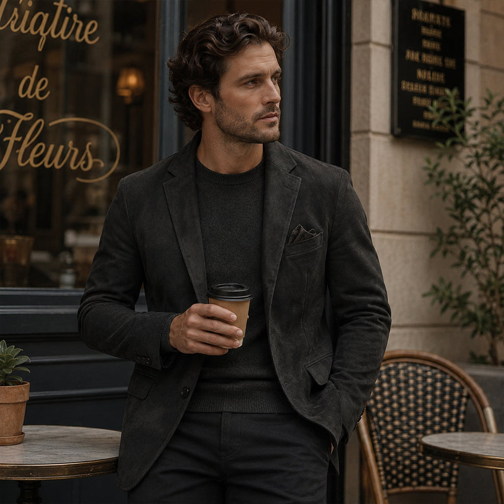 Men's black blazer with notched lapel and chest pocket