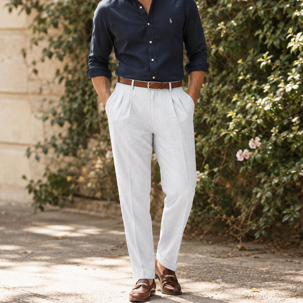 Men's pleated straight casual pants, white