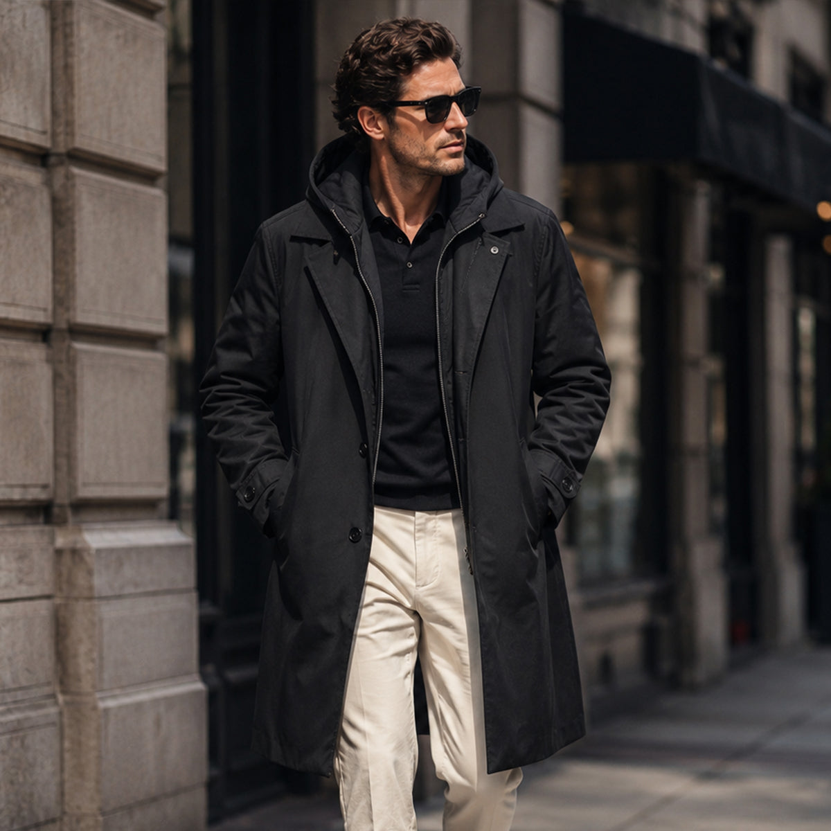 Men's black hooded waterproof parka with zip front and side flap pockets
