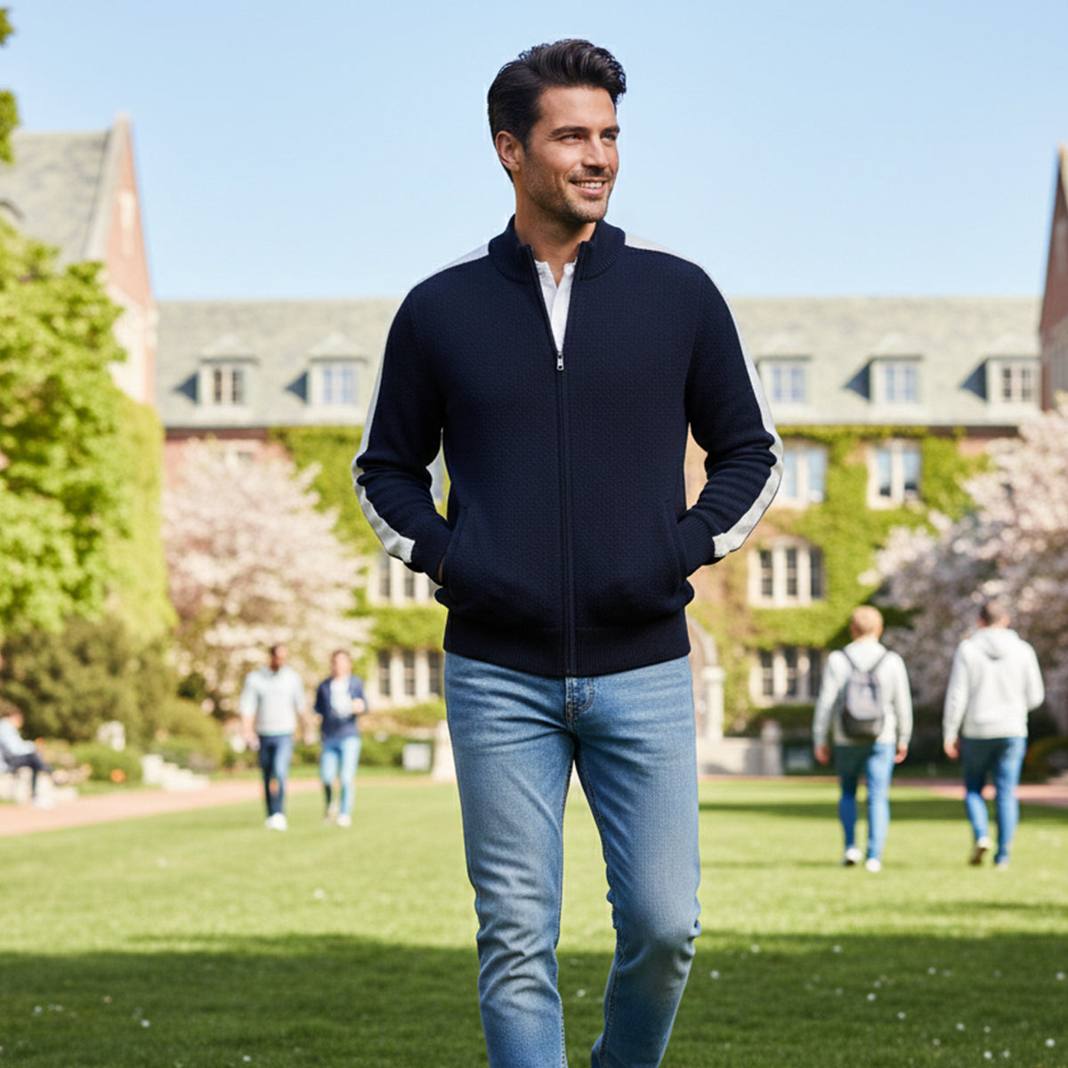Navy cashmere zip-up sweater with stand collar and ribbed waistband cuffs