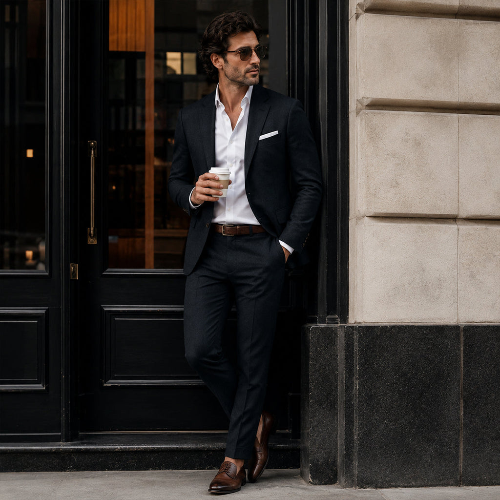 Men’s slim-fit two-piece dark suit with blazer and matching trousers