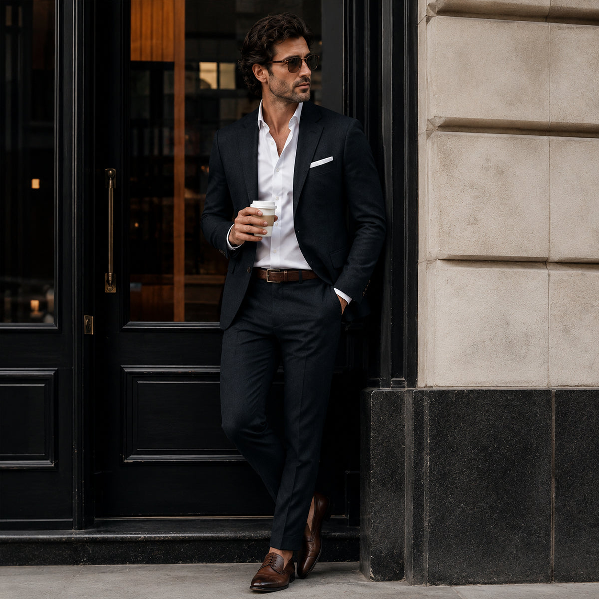 Men’s slim-fit two-piece dark suit with blazer and matching trousers