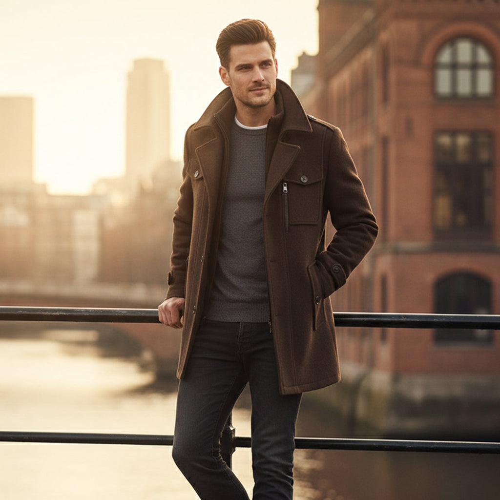 Men's wool-blend coat in brown, stand collar with knit trim, front zipper, flap pockets