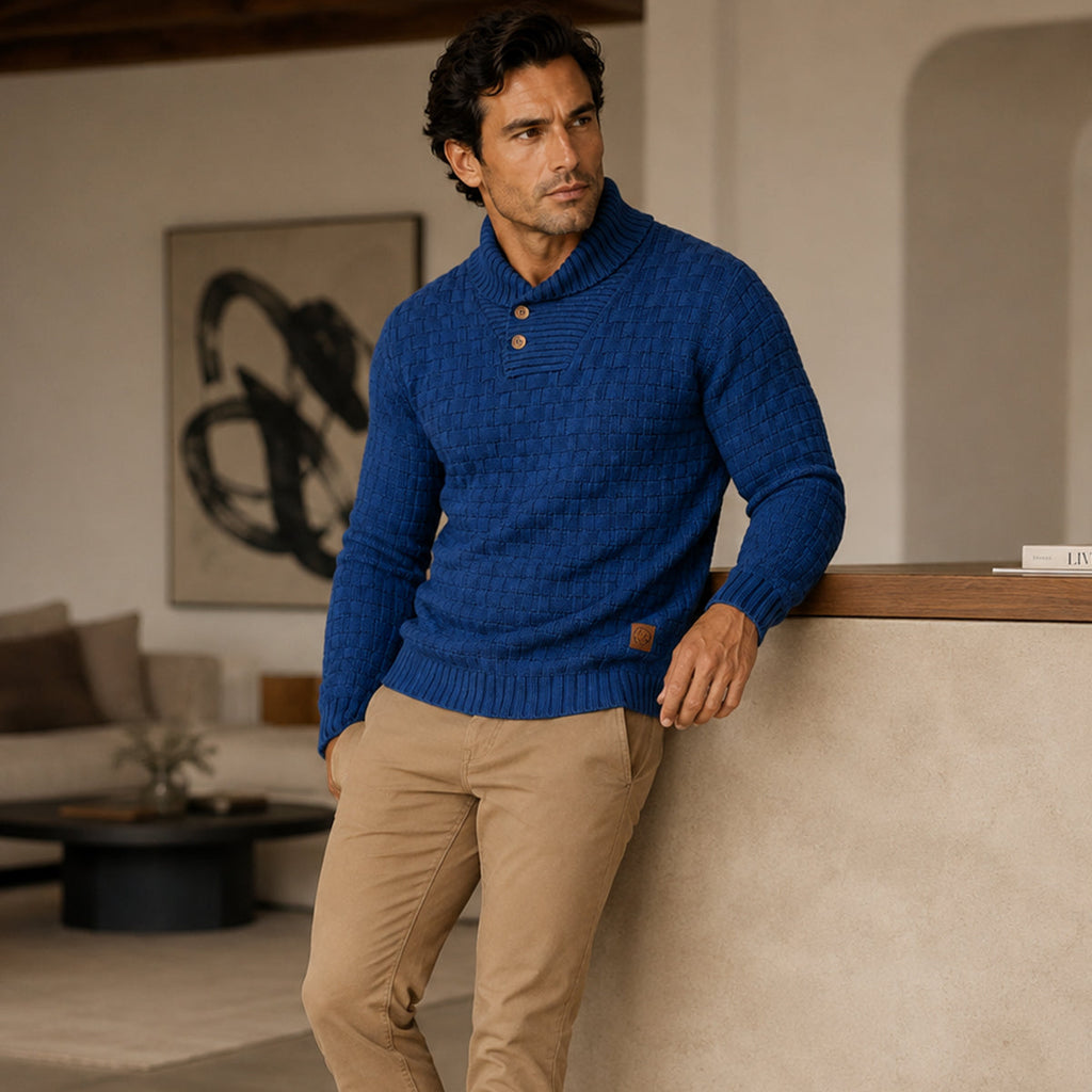 Men's textured knit winter sweater, mock neck, half-button placket, deep blue