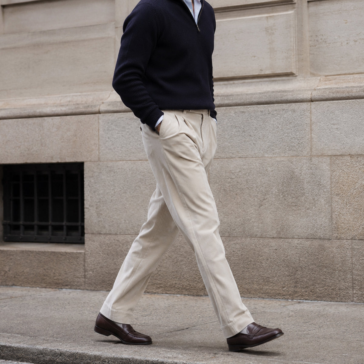 Men's light beige velvet straight-fit pants with pleated front and straight legs