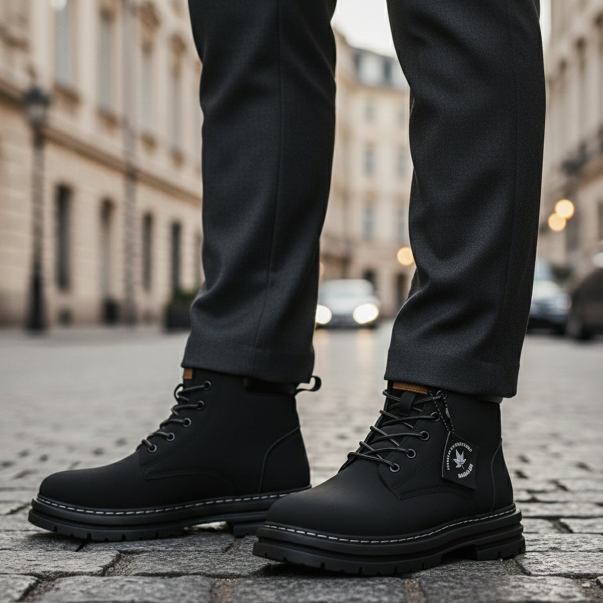 Black lace-up snow boots with thick tread sole and cozy fur lining