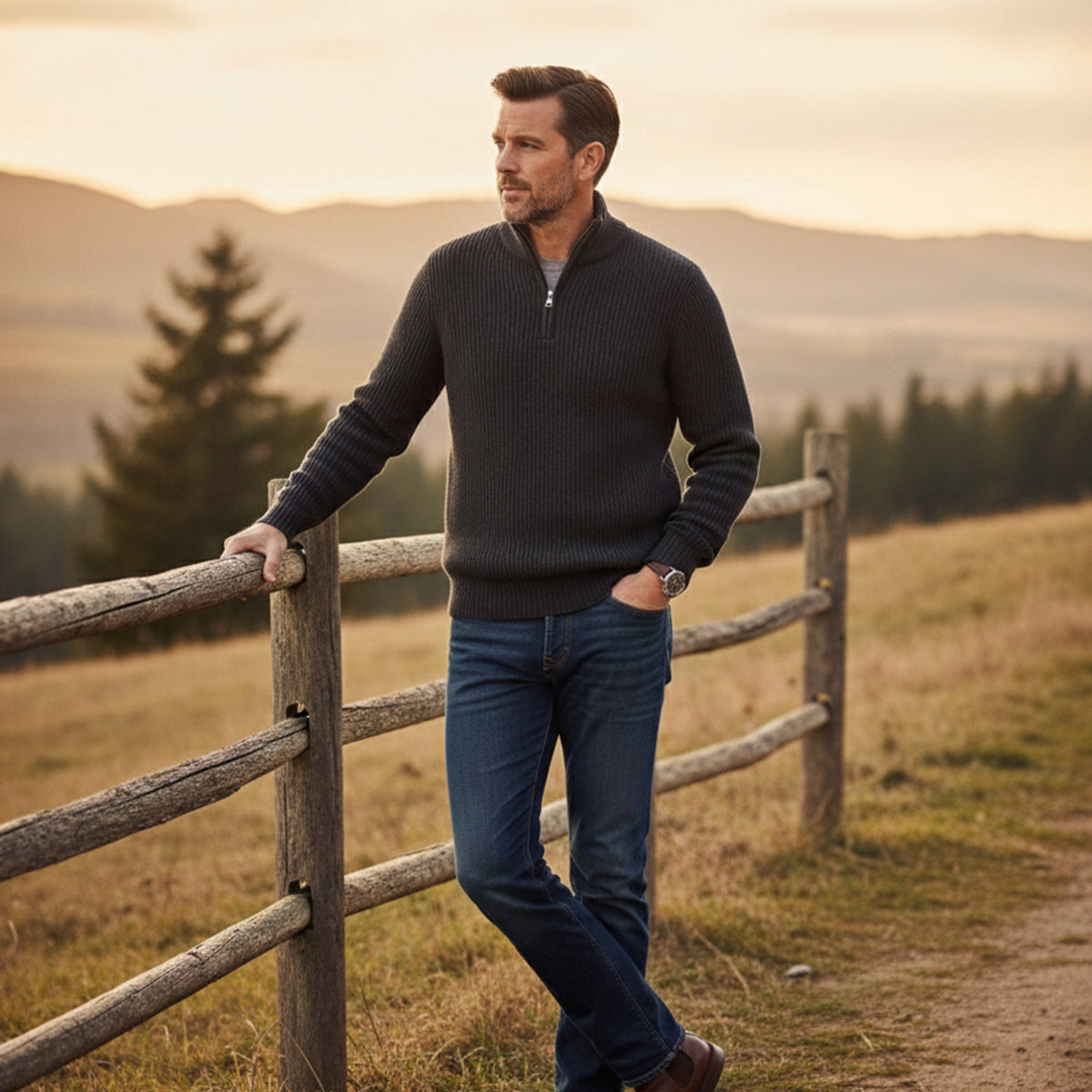 Men's dark gray knit cashmere half-zip sweater with ribbed collar
