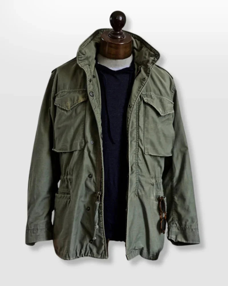Olive field jacket with button front and flap chest pockets