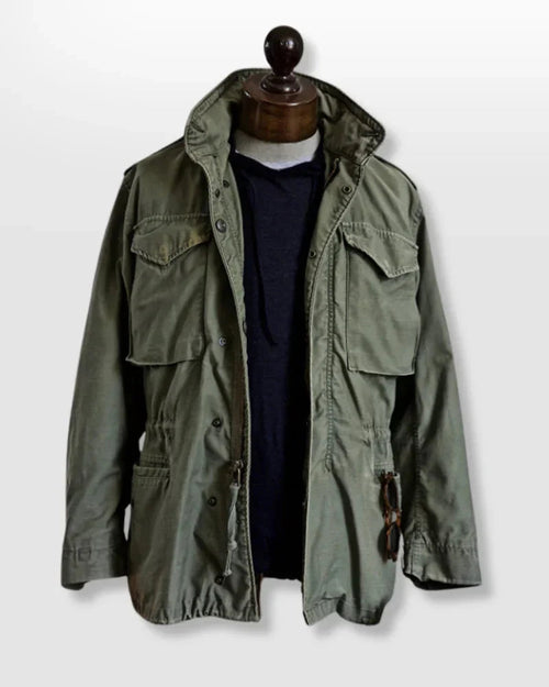 Olive field jacket with button front and flap chest pockets