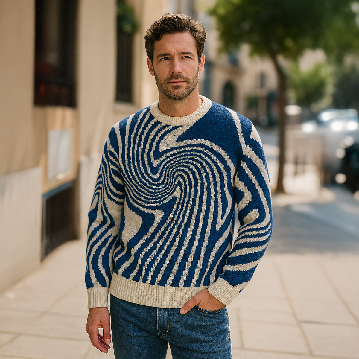 Men's crewneck jacquard knit sweater in blue and cream with swirl graphic pattern