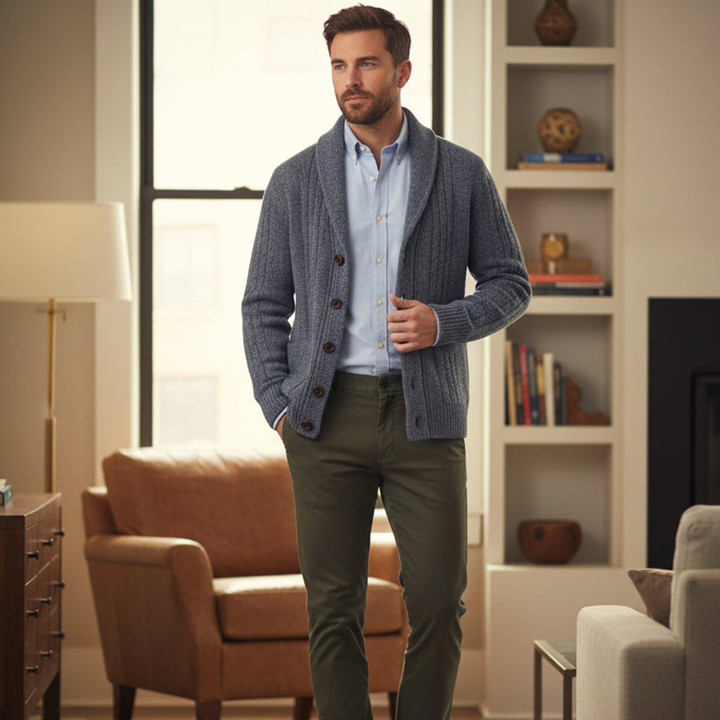 Men's gray cashmere cardigan with shawl collar, cable knit texture, wooden button front.
