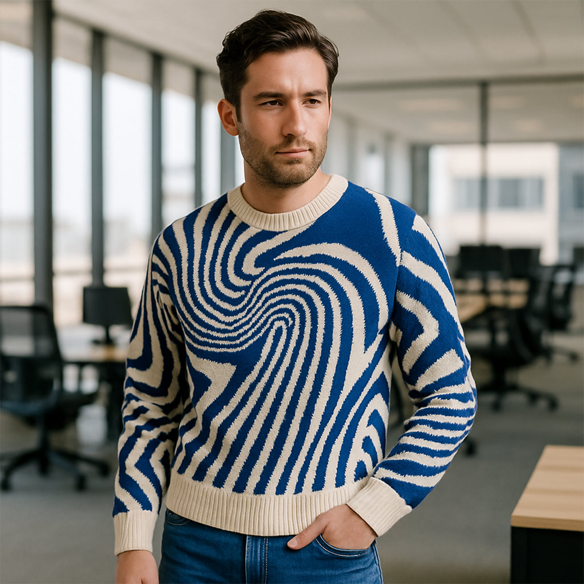 Men's blue and cream jacquard knit crewneck sweater with ribbed cuffs and swirl knit