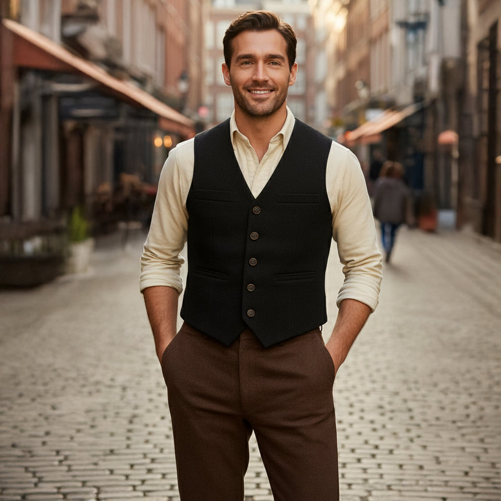 Men’s black knit button-front sweater vest with four-button placket and pockets